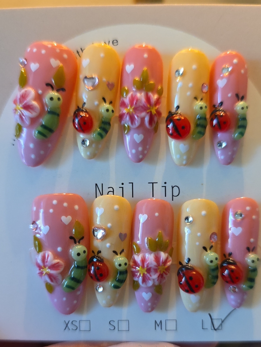 Pink & Yellow Garden Nail Tips with Ladybug and Caterpillar Accents Size Large